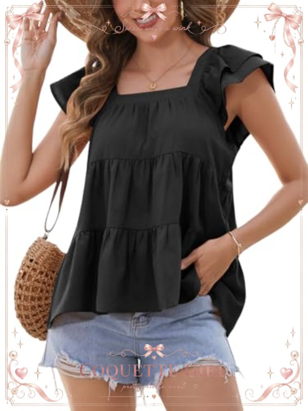 Women's Ruffle Sleeve Babydoll Tank Top Square Neck Flowy Summer Blouse